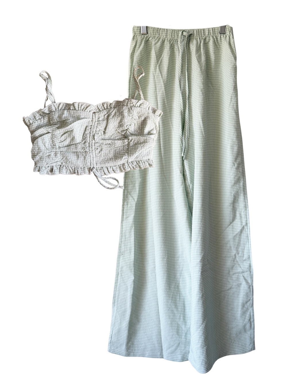 Princess Polly Tidelands Set Womens Size 2 Green White Gingham Wide Leg Smocked
